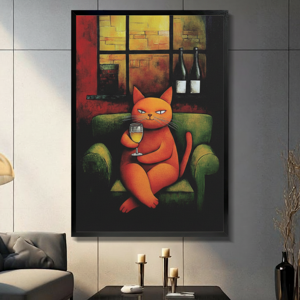 Orange Cat Wine Sofa Expressionist Bold Canvas Print