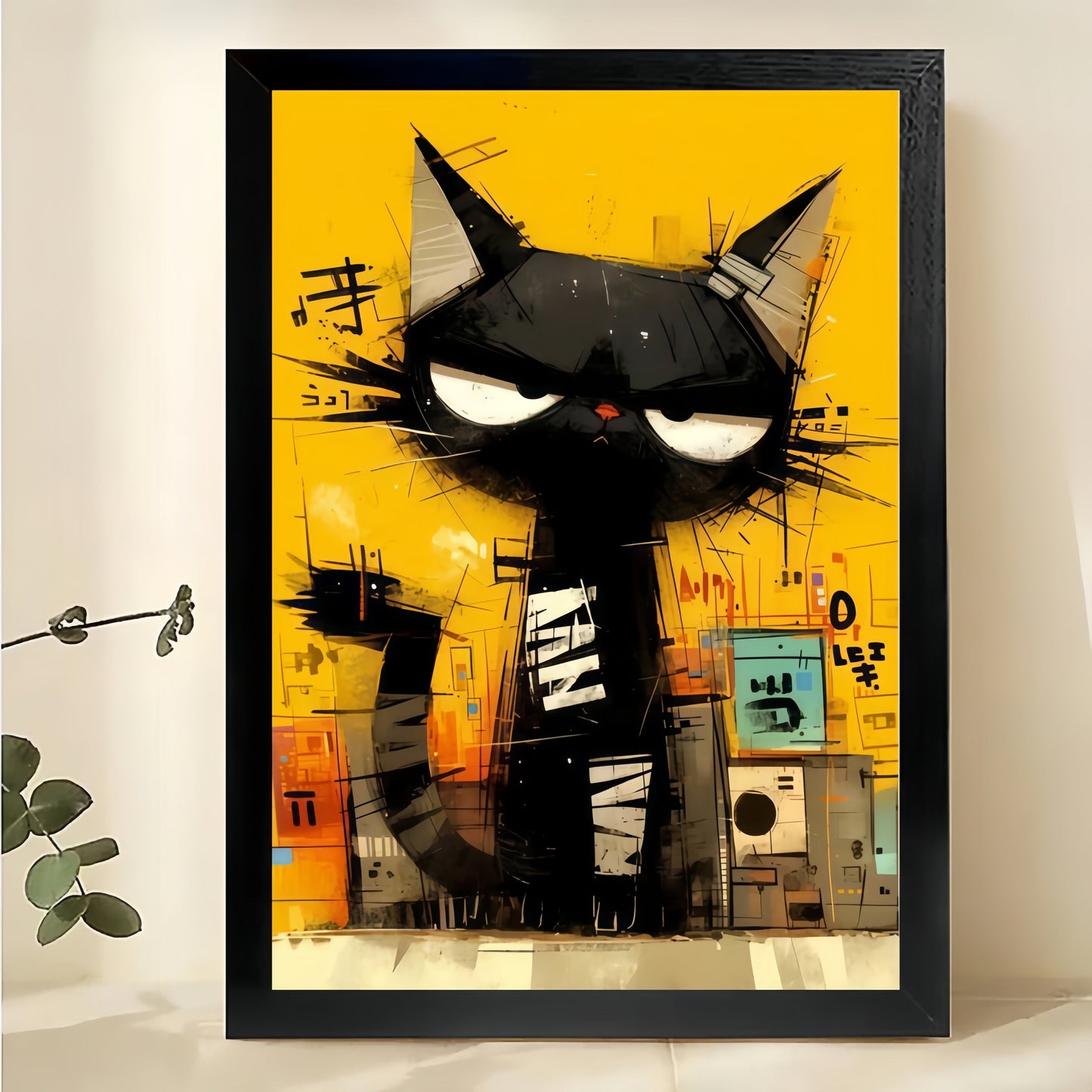 The Graffiti-Style Cool Black Cat – Edgy Street Art Wall Decor on Natural Wood Canvas