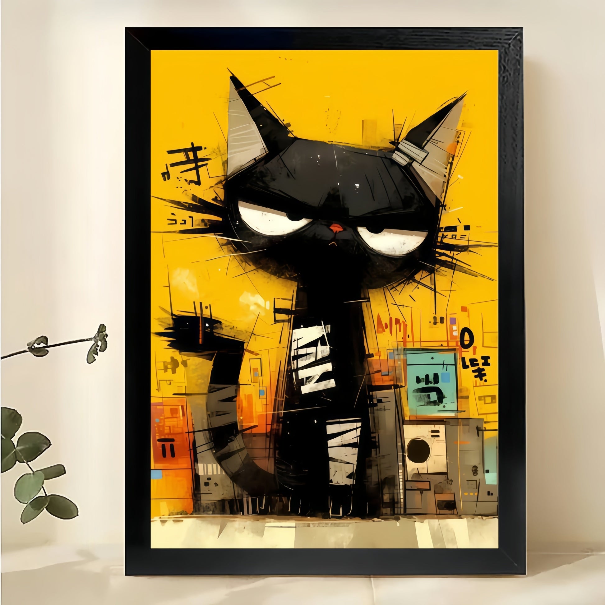 The Graffiti-Style Cool Black Cat – Edgy Street Art Wall Decor on Natural Wood Canvas