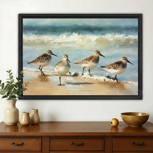 Sandpipers on the Shore Wall Art – Coastal Oil Painting Canvas Print on Natural Wood Frame