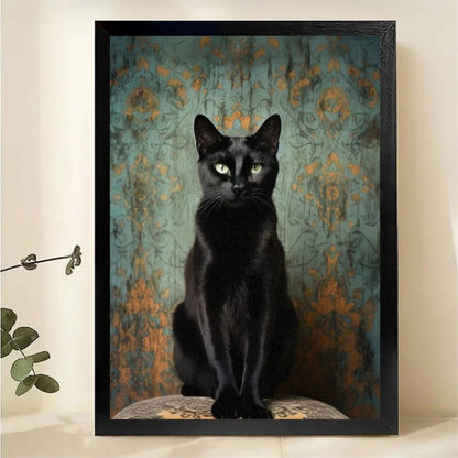 Regal Black Cat Portrait Wall Art - Vintage Damask Background Canvas Print
