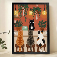 Cats at the Coffee Bar Wall Art – Cozy Boho Illustration Canvas Print on Natural Wood Frame