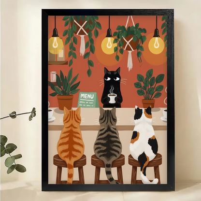 Cats at the Coffee Bar Wall Art – Cozy Boho Illustration Canvas Print on Natural Wood Frame
