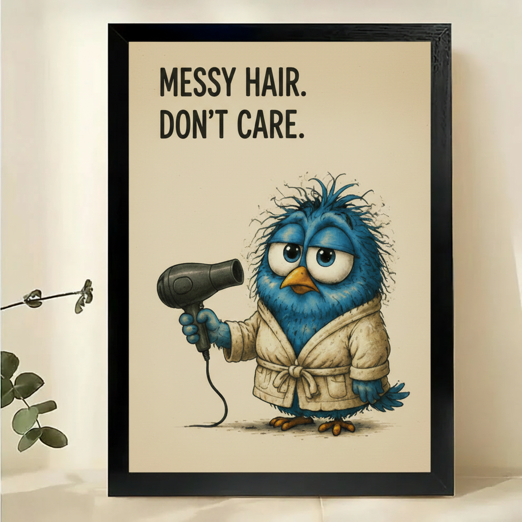 Messy Hair Don't Care Blue Bird Wall Art – Funny Bathroom Bird Canvas Print on Natural Wood Frame