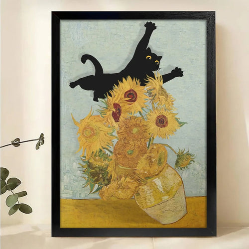 Playful Cat Knocking Over Sunflowers Canvas - Van Gogh Inspired Art