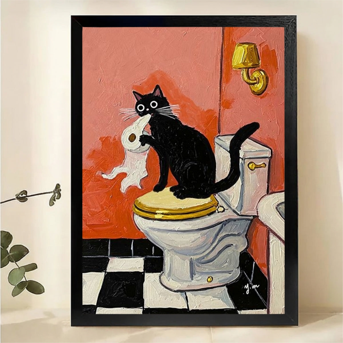 Funny Cat Bathroom Wall Art - Black Cat with Toilet Paper Print