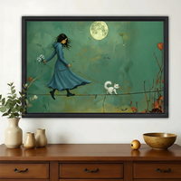 Girl Walking White Cat Under Full Moon Wall Art – Whimsical Teal Fantasy Canvas Print on Natural Wood Frame
