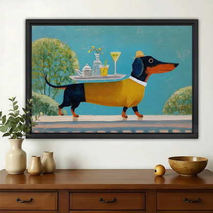 Dachshund Waiter with Cocktail Tray Wall Art – Whimsical Garden Party Canvas Print on Natural Wood Frame