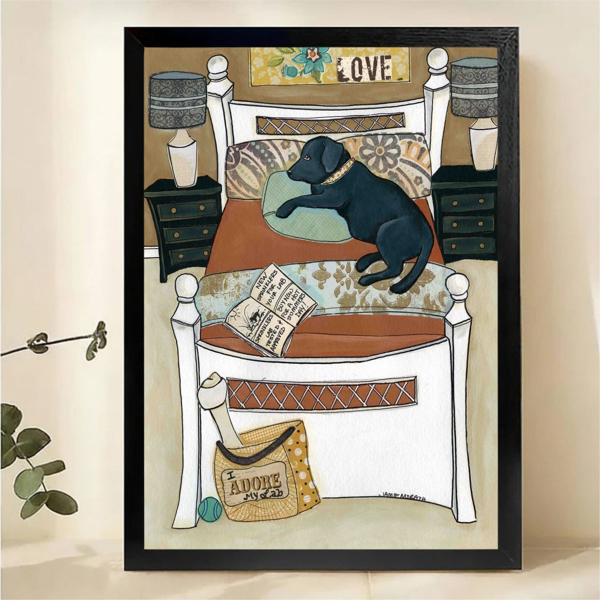 Black Lab on Bed Wall Art - Cozy Dog Home Canvas Print