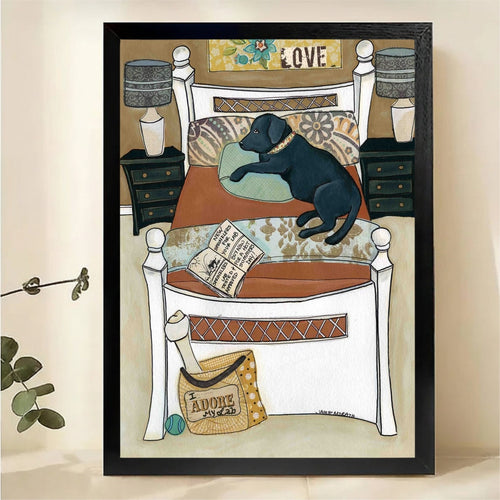 Black Lab on Bed Wall Art - Cozy Dog Home Canvas Print