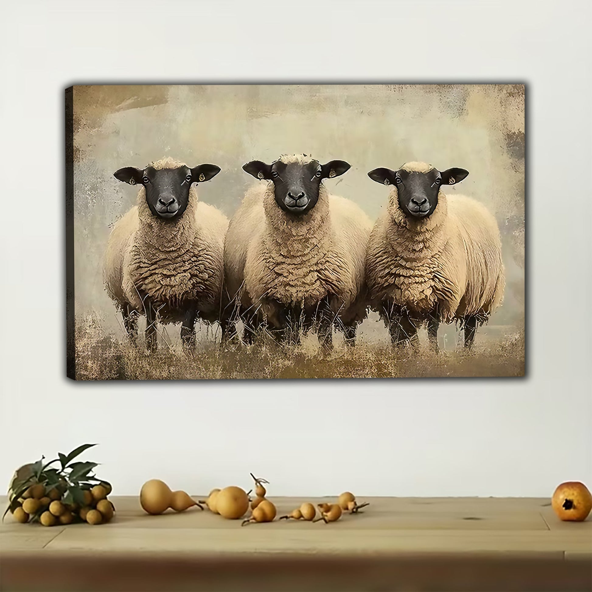 Three Flock Sheep – Countryside Farm Animal Wall Art on Natural Wood Canvas