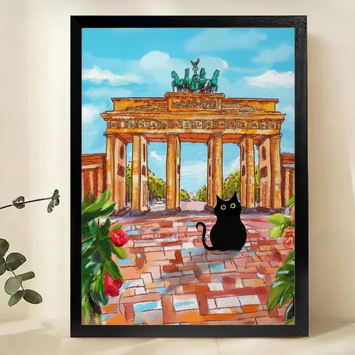 Black Cat at Brandenburg Gate Wall Art – Whimsical Travel Cat Canvas Print on Natural Wood Frame