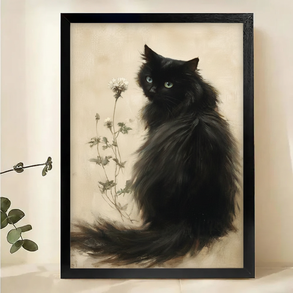 Fluffy Black Cat with Wildflowers Wall Art – Moody Vintage Oil Painting Canvas Print on Natural Wood Frame