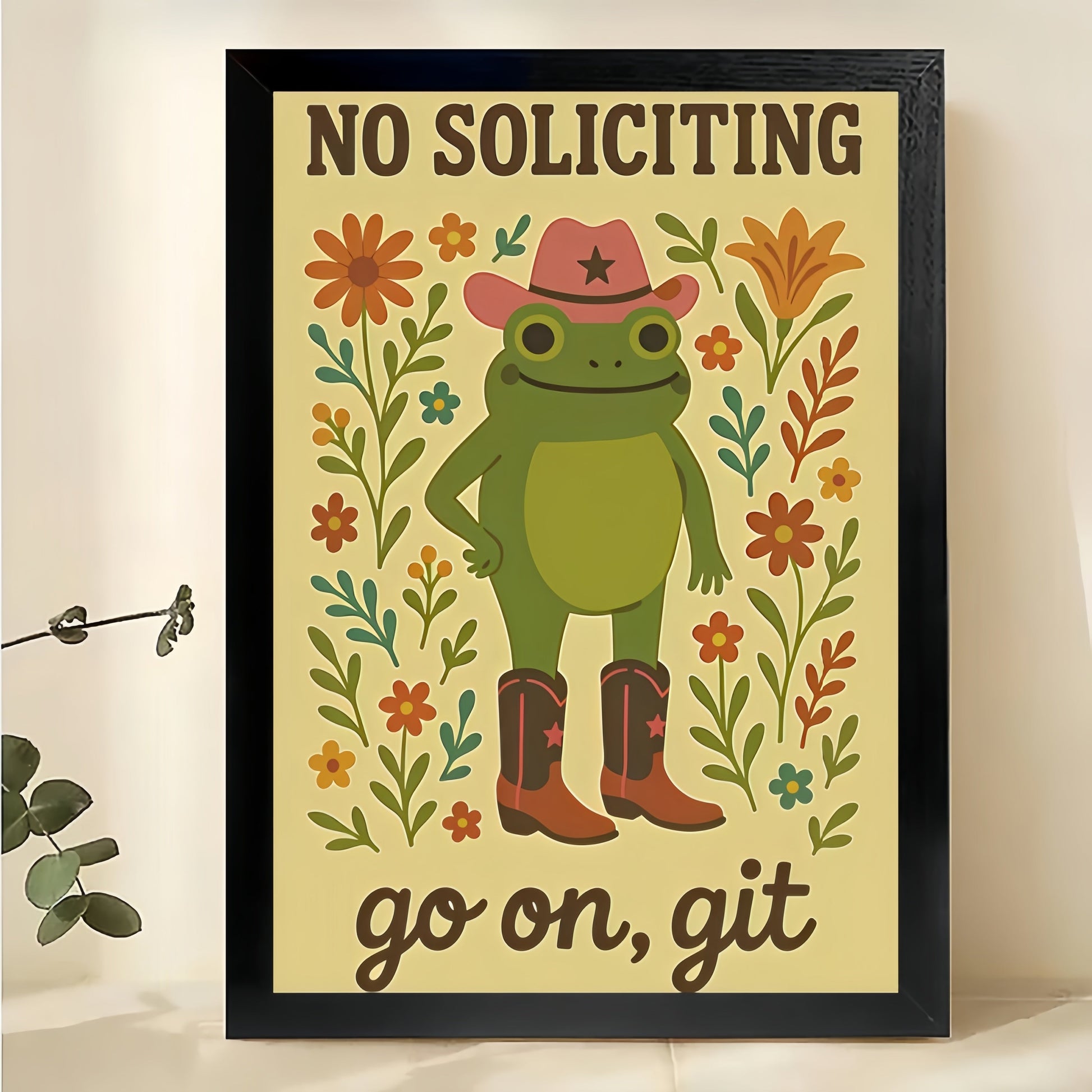 The Cowboy Frog “No Soliciting” – Rustic Playful Wall Art on Natural Wood Canvas
