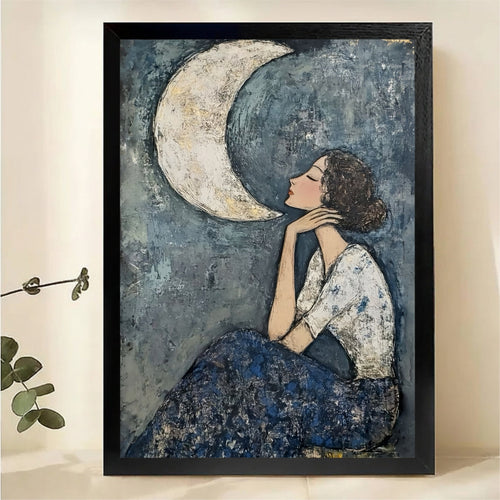 Woman and Crescent Moon Wall Art - Blue Abstract Canvas Print