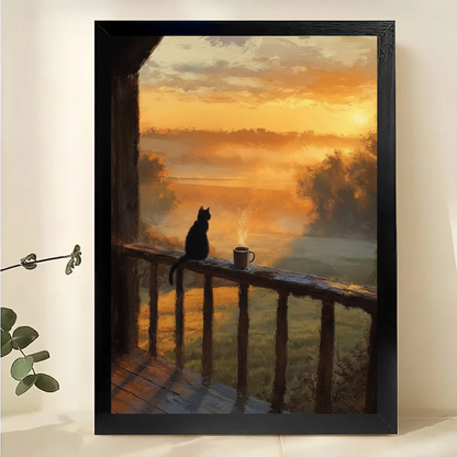 Black Cat at Sunset Bridge Wall Art – Moody Impressionist Cat Canvas Print on Natural Wood Frame