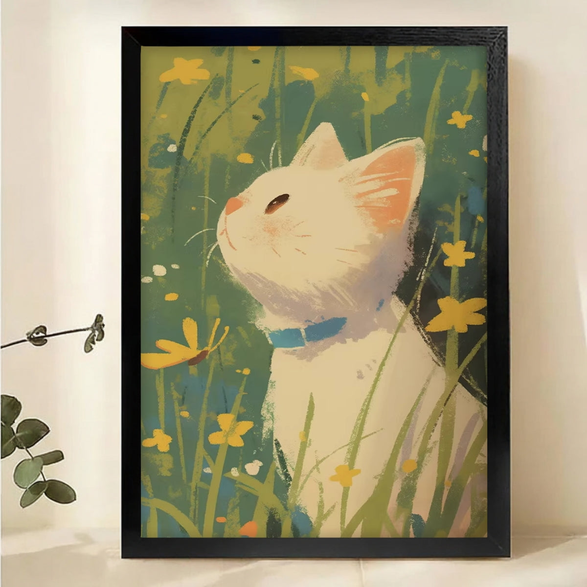 White Cat in Wildflowers Wall Art - Impressionist Canvas Print