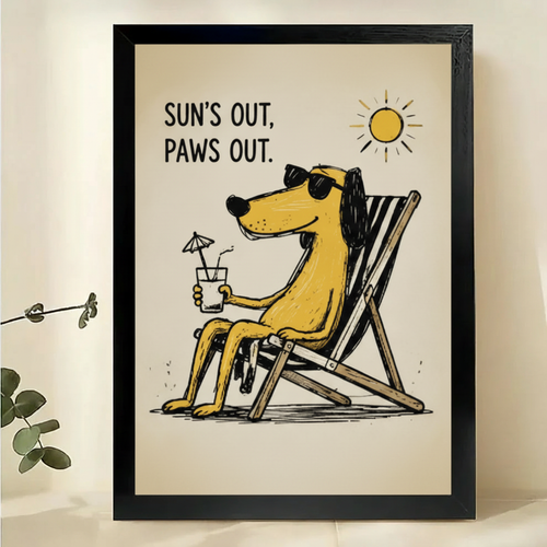 Sun's Out Paws Out Dog Wall Art – Funny Retro Dog Canvas Print on Natural Wood Frame