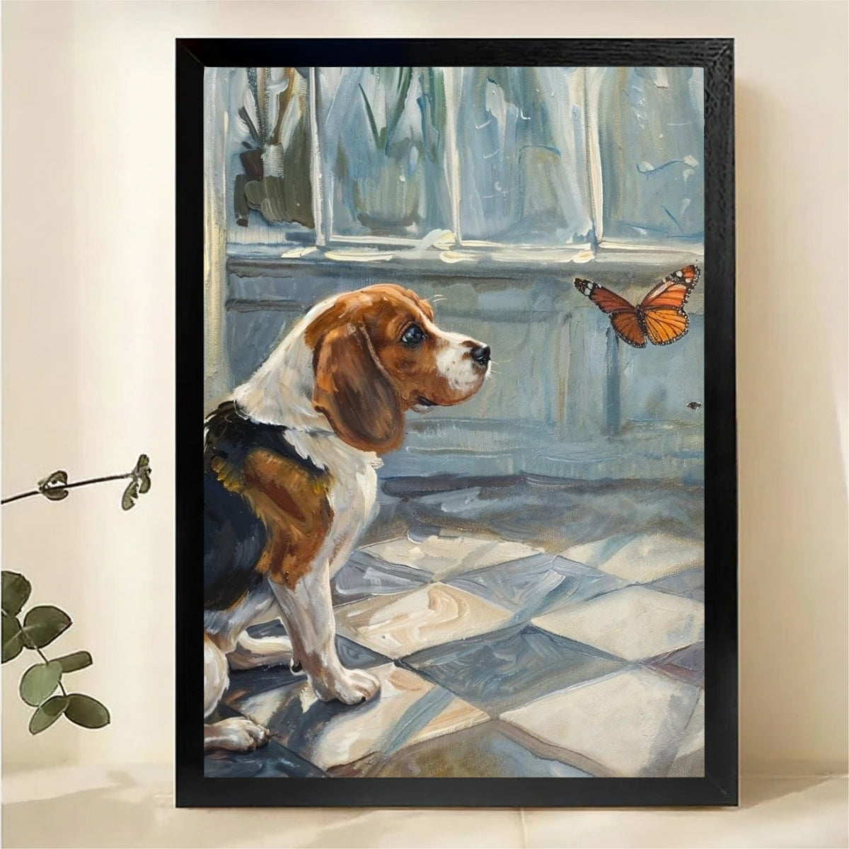 Beagle Watching Butterfly Wall Art - Classic Oil Painting Canvas Print