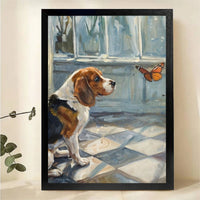 Beagle Watching Butterfly Wall Art - Classic Oil Painting Canvas Print