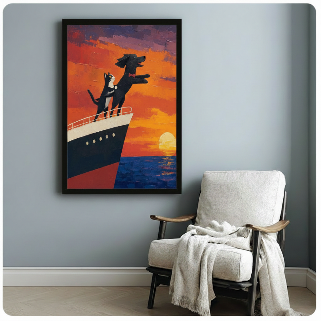 Cat Dog Titanic Sunset Romantic Canvas Wall Art