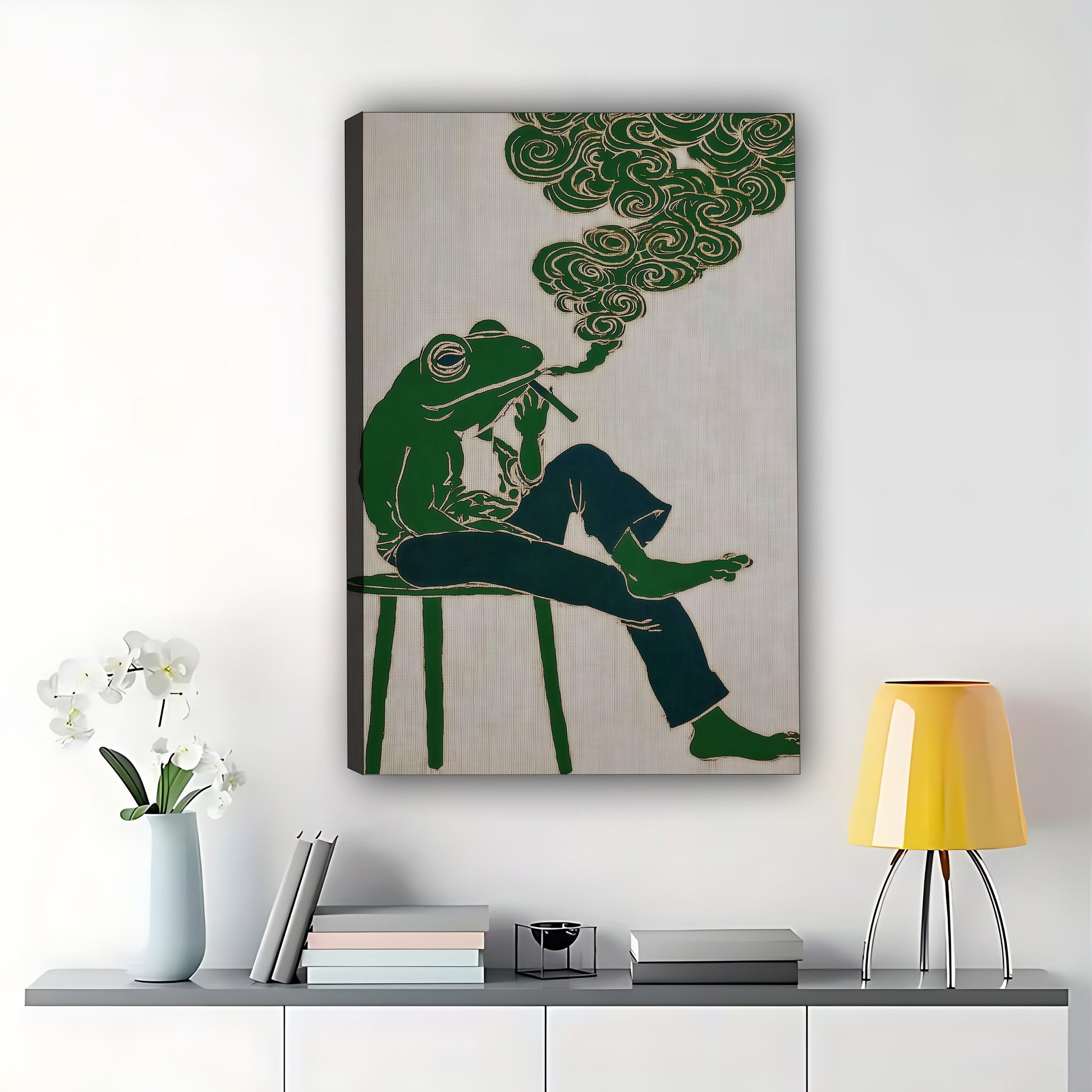 The Smoking Frog – Retro Hippie Wall Art on Natural Wood Canvas