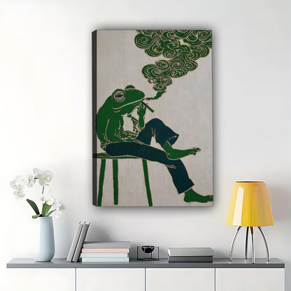 The Smoking Frog – Retro Hippie Wall Art on Natural Wood Canvas