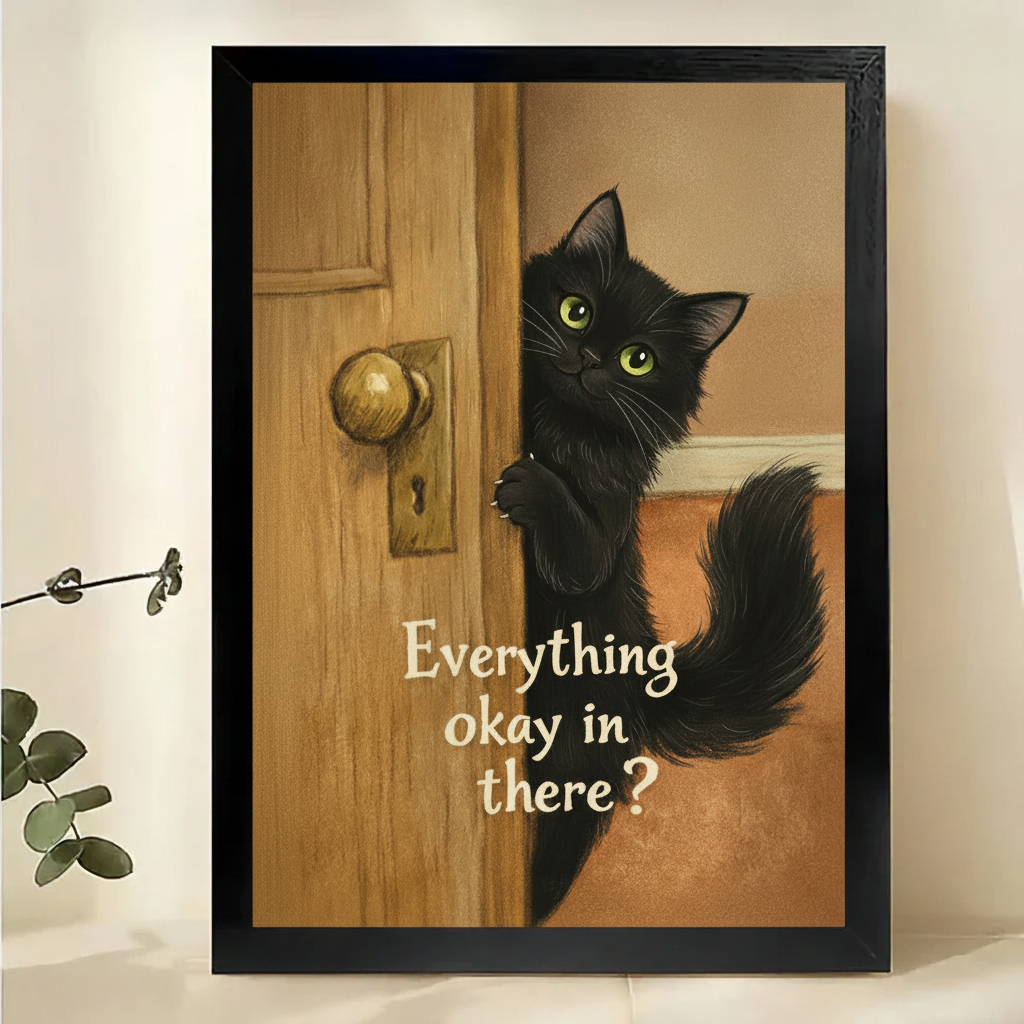 Black Cat Peeking Around the Door Wall Art – Funny Whimsical Cat Canvas Print on Natural Wood Frame