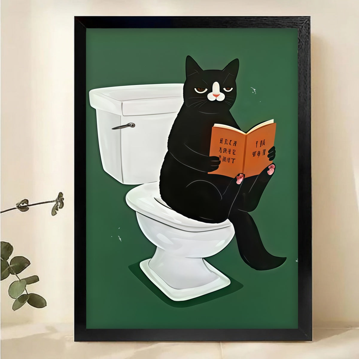 Black Cat Reading on Toilet Wall Art - Funny Bathroom Decor Print