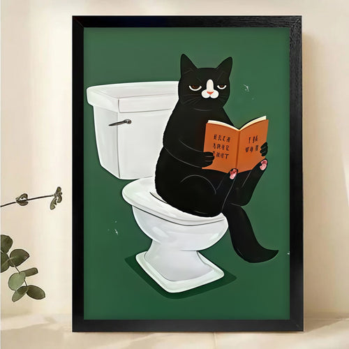 Black Cat Reading on Toilet Wall Art - Funny Bathroom Decor Print