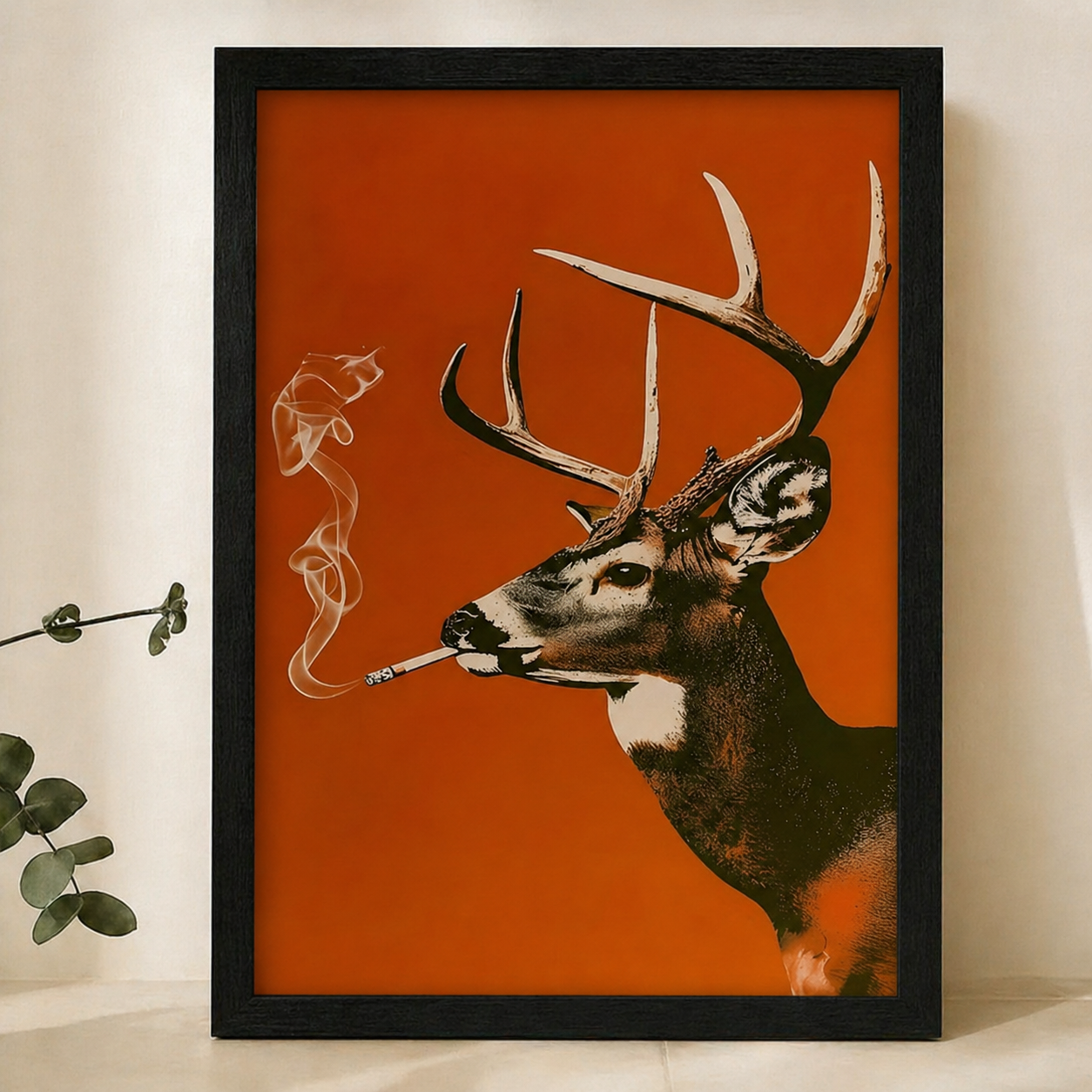 Smoking Stag Wall Art – Bold Retro Pop Art Canvas Print on Natural Wood Frame