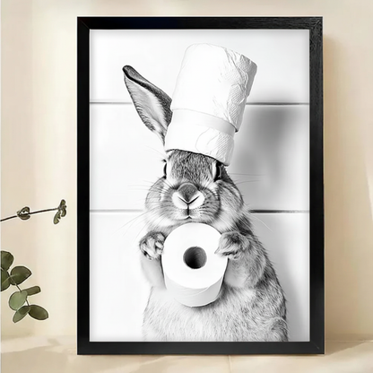 Chef Hat Bunny with Toilet Paper Wall Art – Funny Black & White Bathroom Canvas Print on Natural Wood Frame
