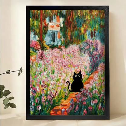 Black Cat in Monet's Garden Wall Art – Impressionist Oil Painting Canvas Print on Natural Wood Frame