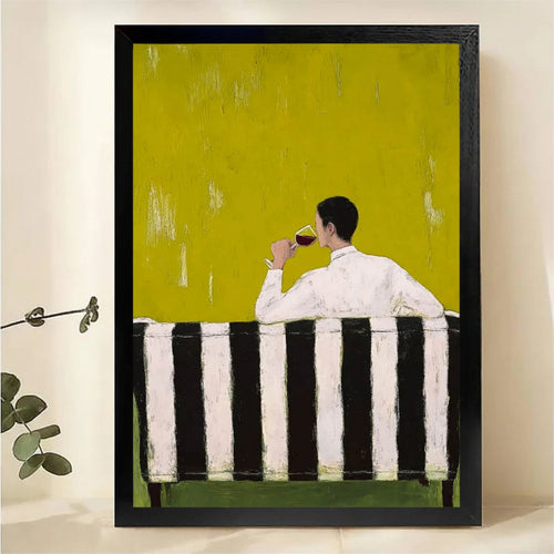Man Drinking Red Wine on Striped Sofa Wall Art - Moody Textured Oil Painting Canvas Print