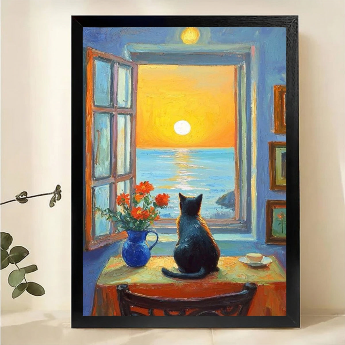 Cat Watching Sunset Wall Art - Ocean View Window Canvas Print