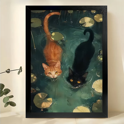The Ink-Wash Style Playful Duo Cats – Serene Artistic Wall Art on Natural Wood Canvas