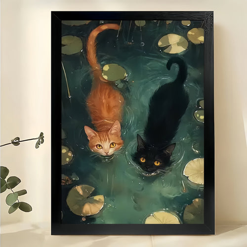 The Ink-Wash Style Playful Duo Cats – Serene Artistic Wall Art on Natural Wood Canvas