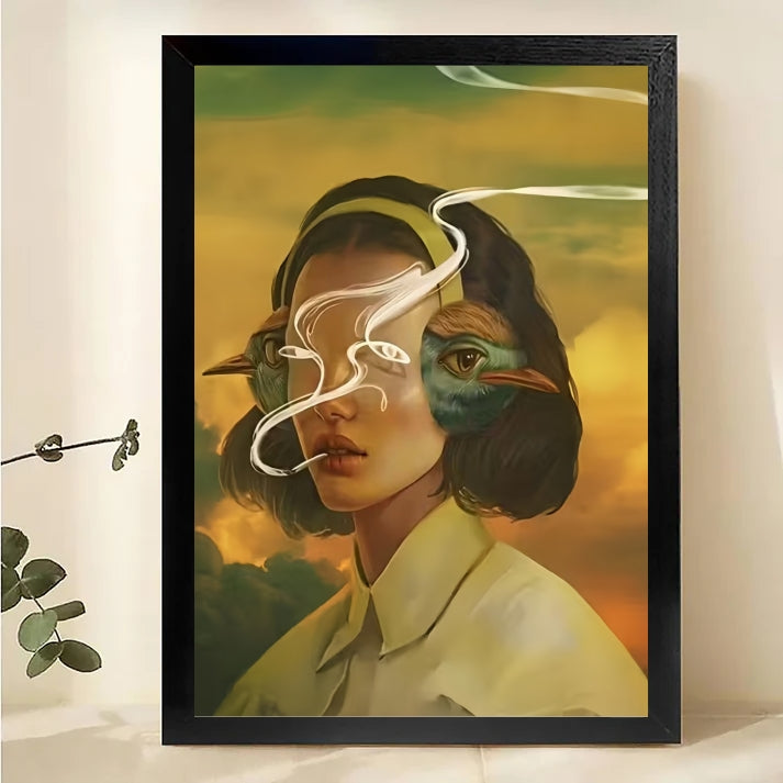 Woman Bird Fusion Art – Surreal Portrait Framed Print Canvas Wall Art