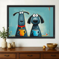 Two Dogs Having Coffee Wall Art – Funny Cartoon Canvas Print on Natural Wood Frame