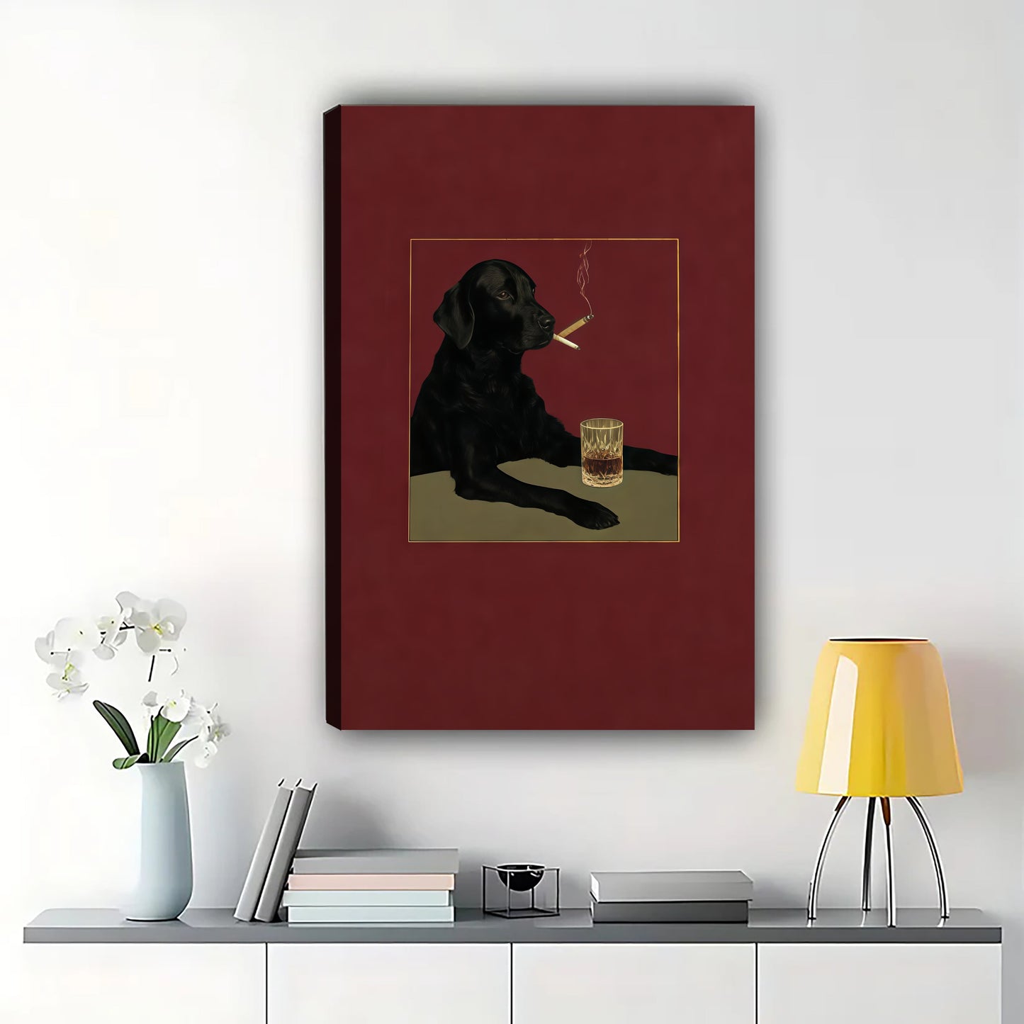Black Dog Smoking – Retro Humorous Parody Wall Art on Natural Wood Canvas