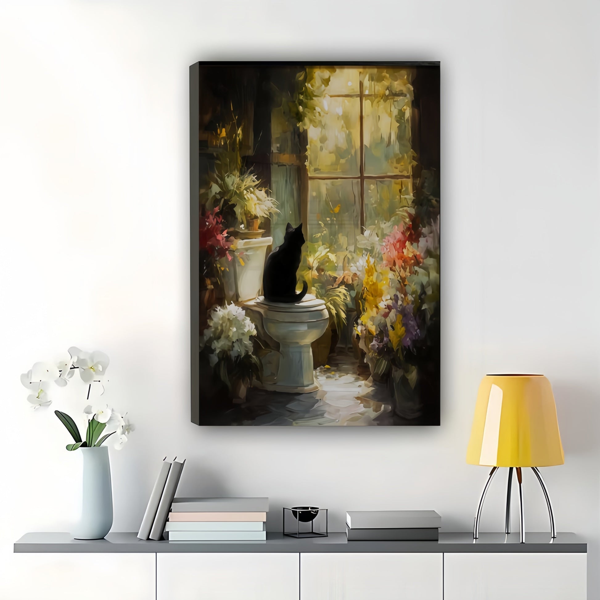Black Cat on Toilet with Flowers – Humorous Vintage Bathroom Wall Art on Natural Wood Canvas