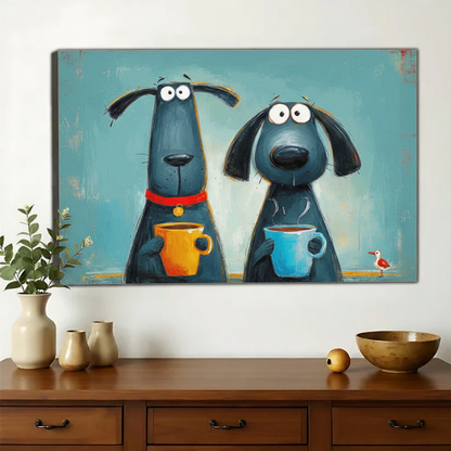 Two Dogs Having Coffee Wall Art – Funny Cartoon Canvas Print on Natural Wood Frame