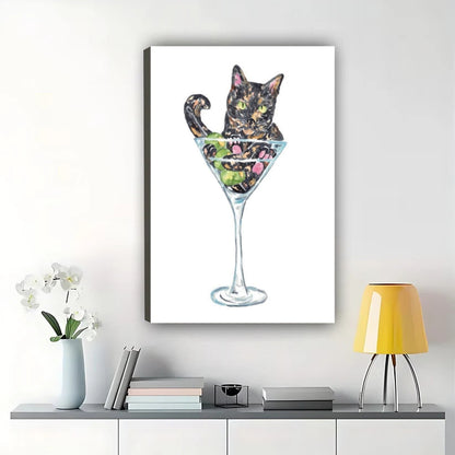 Tortoiseshell Cat in Martini – Whimsical Cocktail Cat Wall Art on Natural Wood Canvas