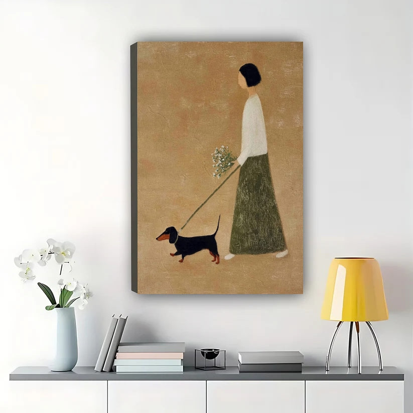 Minimalist Girl Walking Dachshund Wall Art – Warm Neutral Pet Canvas Print (Unframed Rolled Canvas)