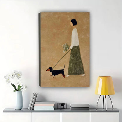 Minimalist Girl Walking Dachshund Wall Art – Warm Neutral Pet Canvas Print (Unframed Rolled Canvas)