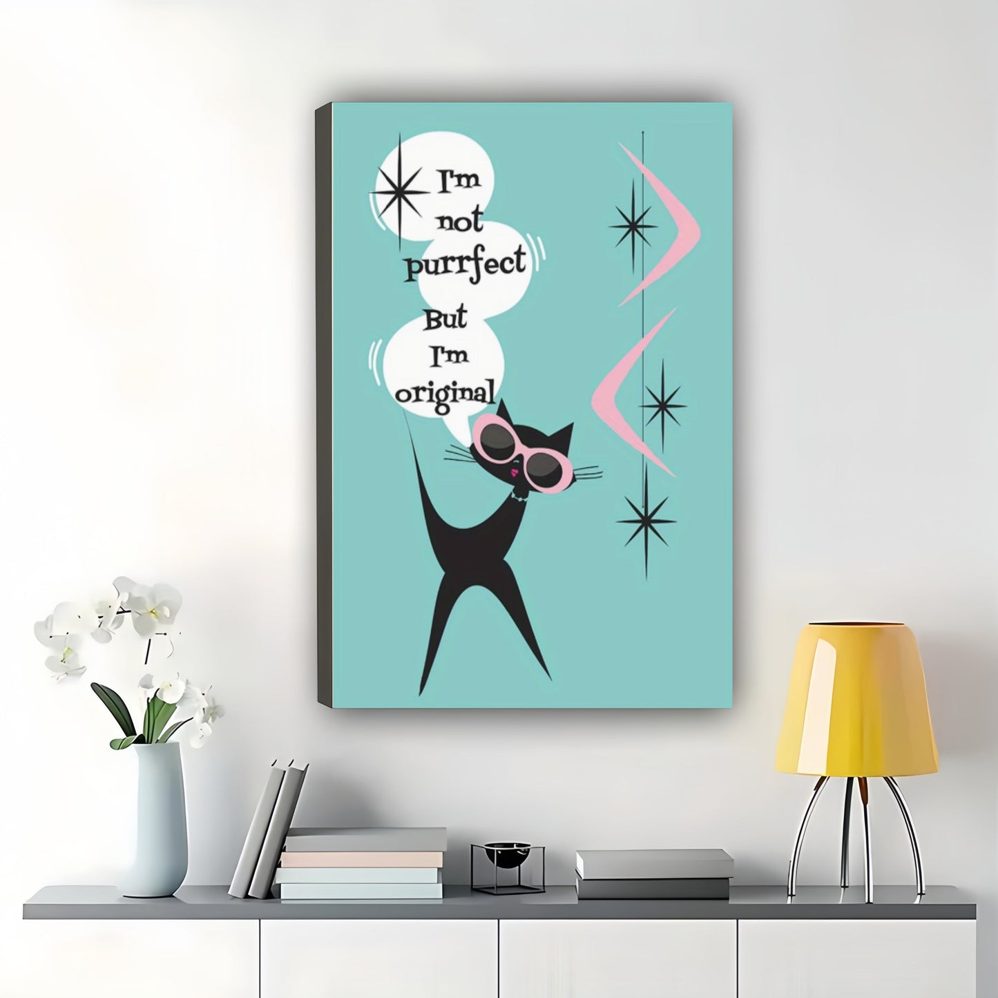 I’m Not Purrfect But I’m Original Retro Cat – Mid-Century Modern Wall Art on Natural Wood Canvas