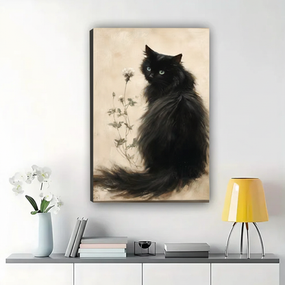 Fluffy Black Cat with Wildflowers Wall Art – Moody Vintage Oil Painting Canvas Print on Natural Wood Frame