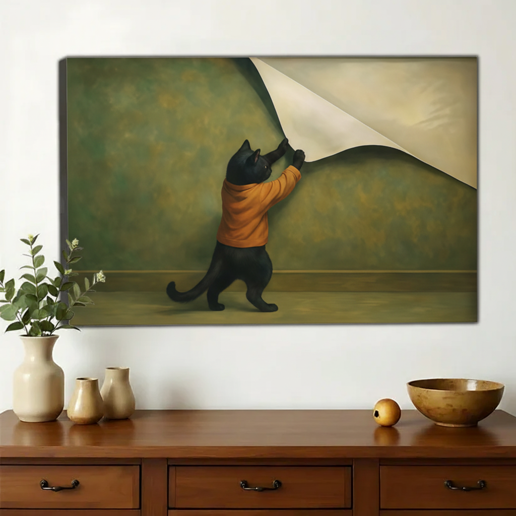Black Cat Tearing Wall Art – Whimsical Surreal Wall Art on Natural Wood Canvas