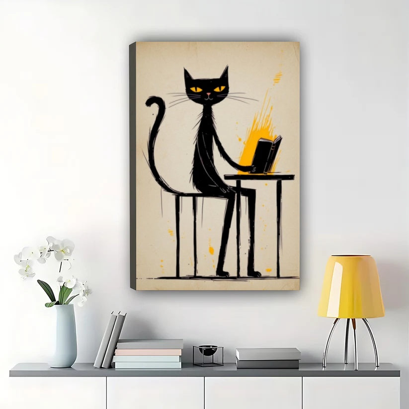 Black Cat Working on Laptop – Minimalist Office Cat Wall Art on Natural Wood Canvas