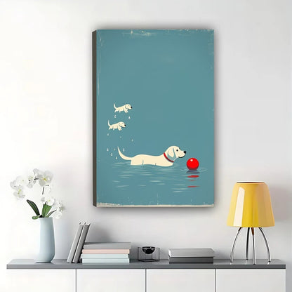 Cute Dog Playing in Swimming Pool – Minimalist Blue Background Wall Art on Natural Wood Canvas